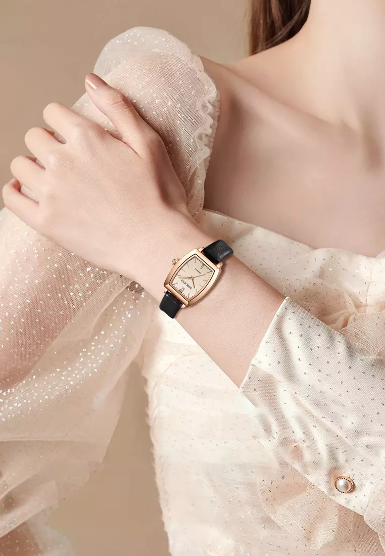 Jam Tangan Wanita 6007 Original Tali Kulit Jam Anggun Santai Korea Jam Tangan Cewek black