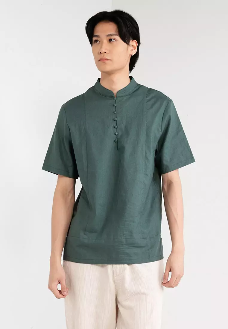 Buy ZALIA BASICS Men s Linen Mandarin Collar Shirt Online ZALORA