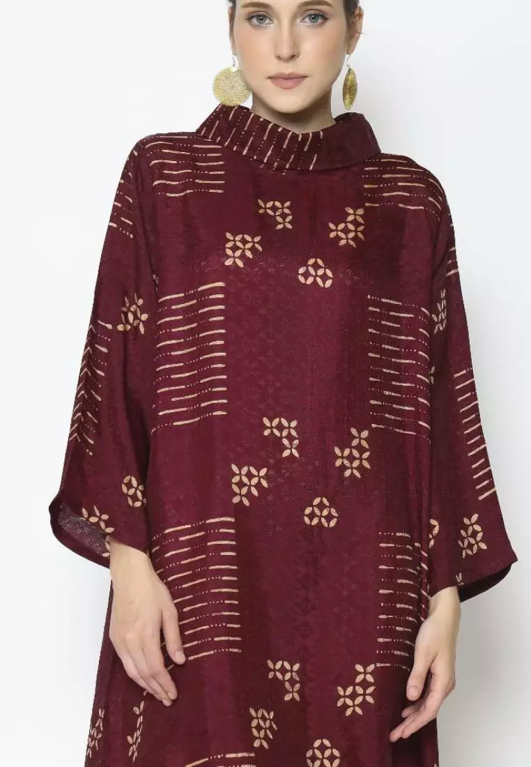 Rinjanie Batik - Tunik Batik Bola Kerah Red Wine - Dress Dua Sisi - Batik Sogan Modern Mix - Tunik Batik Modern - Tunik Batik Kekinian - Batik Cap Mix Ciprat - DTBK - RW