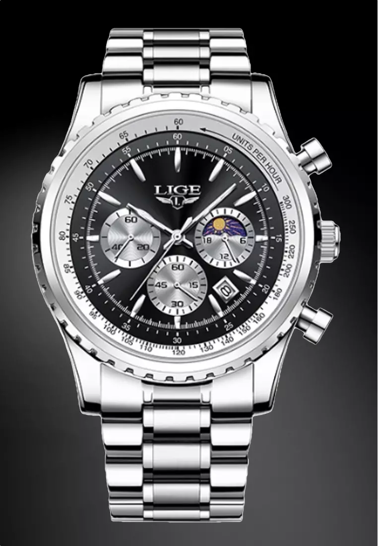 47mm Unisex Chronograph Stainless Steel Quartz Watch on Steel Bracelet