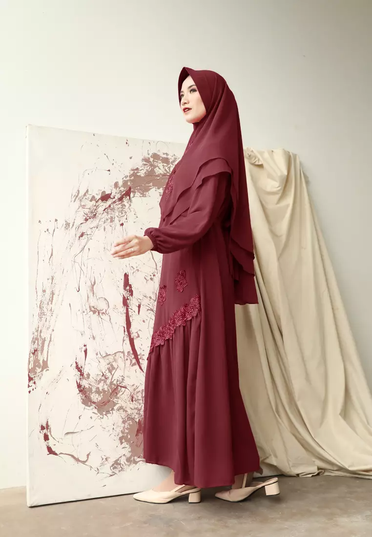 Elwisa Dress | Gamis Khimar Brukat | Long Dress - Cherry 