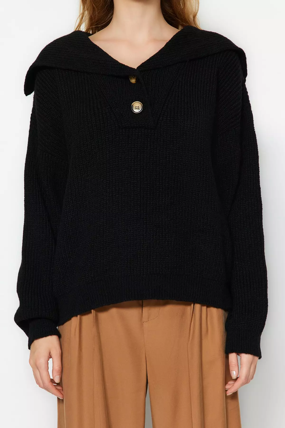 Buy Trendyol Black Wide Fit Soft Textured Sailor Collar Knitwear