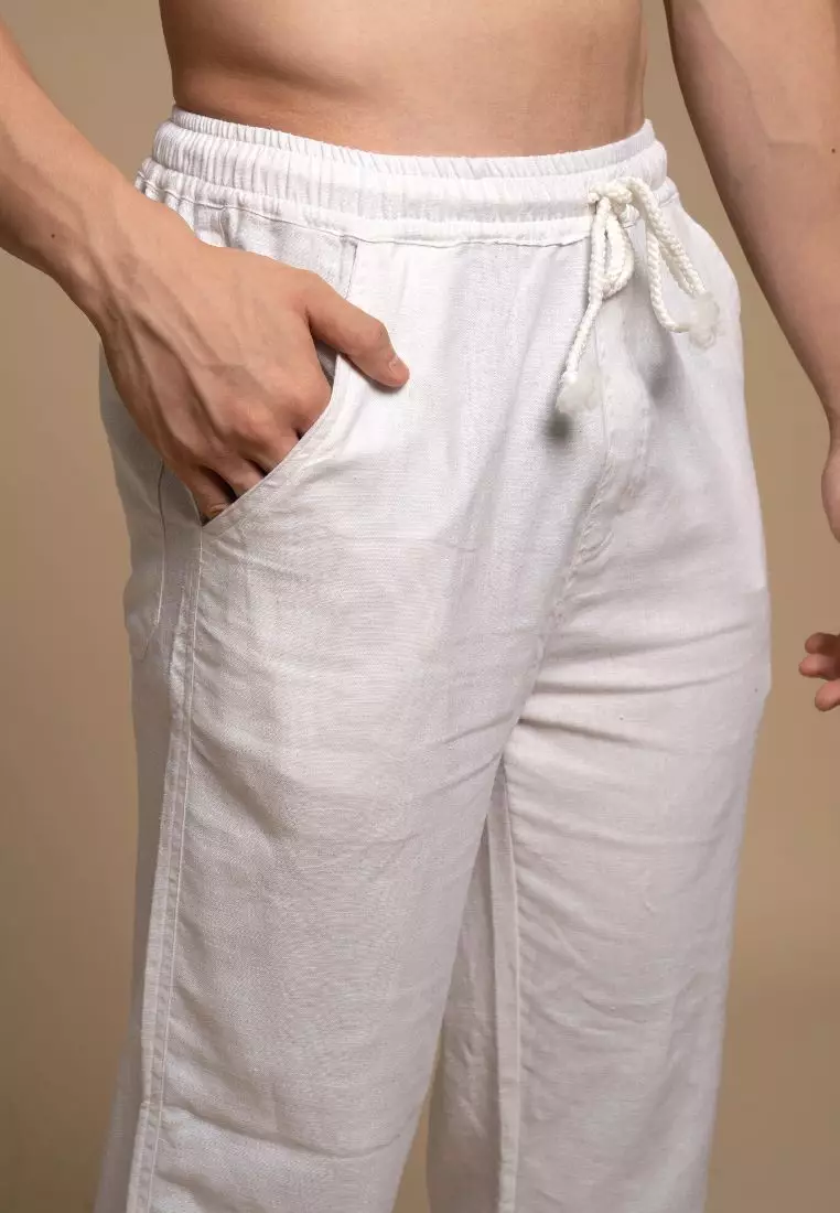 Hyams Celana Panjang Linen Pria Putih | Linen Long Pants Men White