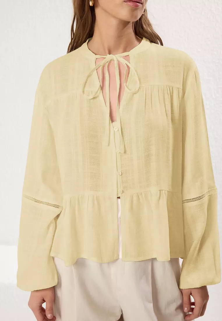 Yellow Cotton Textured Fabric Laced Sleeve Regular Regular Pattern Woven Shirt TWOSS25GO00038