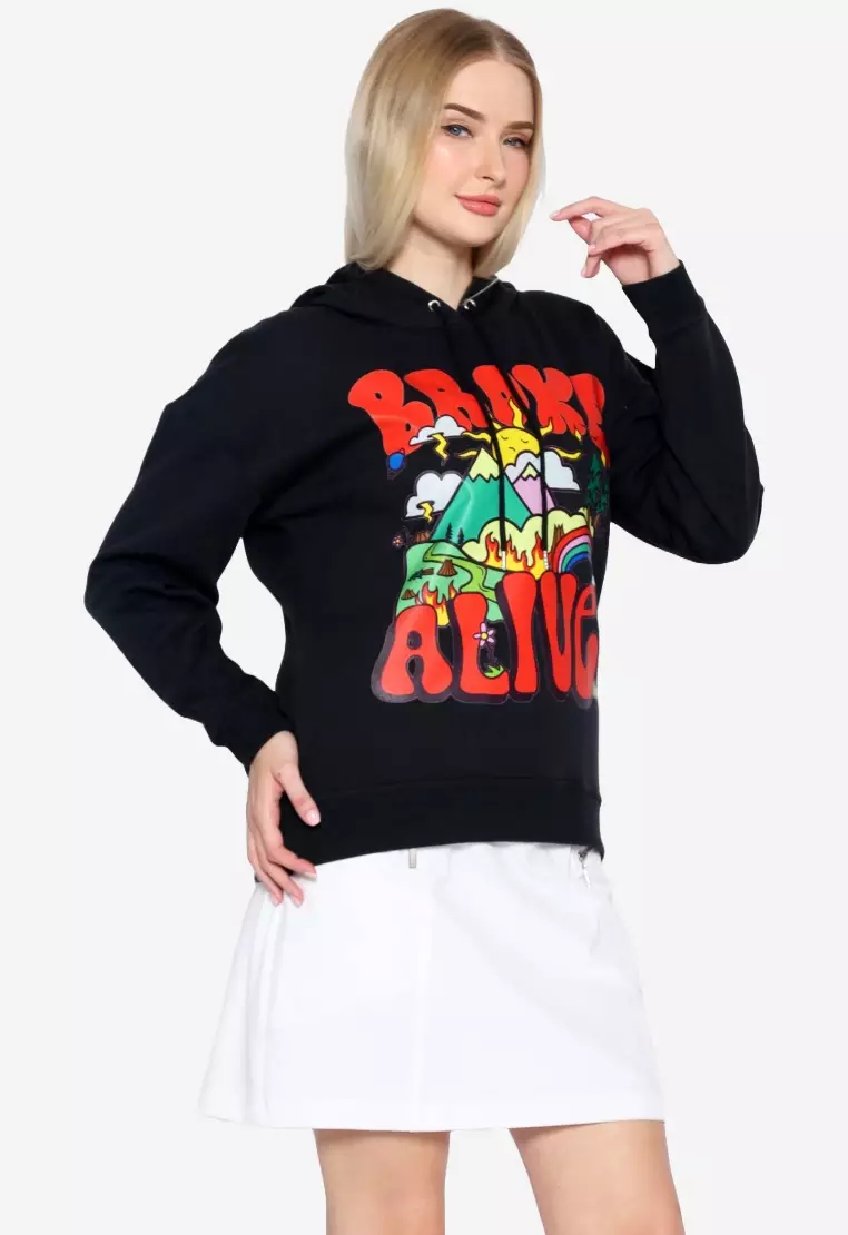 TONIQUE Hoodie Katun Wanita Hitam LEAH Women's Regular Fit Graphic Cotton Hoodie Black