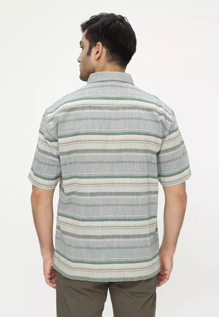 POLICE Kemeja Salur Printing Abu Biru Regular Fit Pria