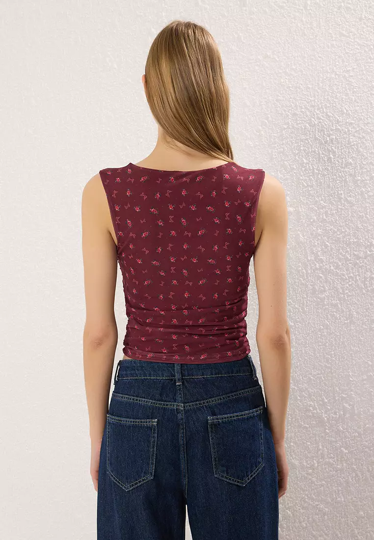 Burgundy Floral Printed Lined Printed Tulle Body-Smoothing Crop Bow Detailed Knitted Blouse Twoss25Bz00033