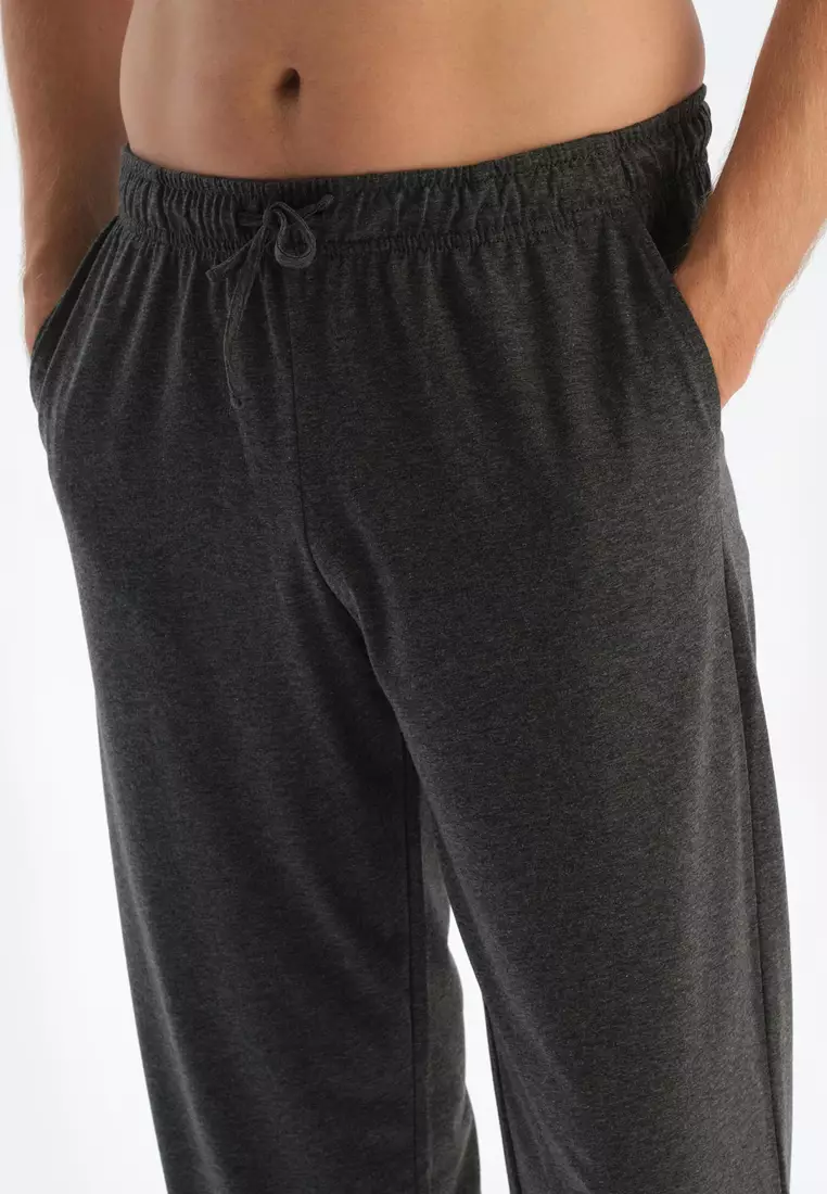 Grey Melange T-Shirt & Trousers, Crew Neck, Regular Fit, Long Sleeve Sleepwear for Men