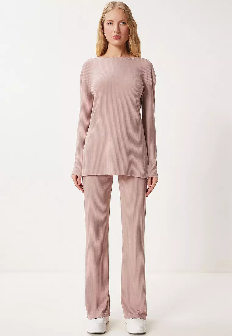 Comfortable Ribbed Knitted Blouse Trousers Set