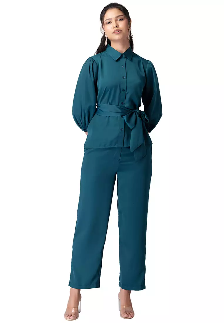 Teal Blue Collared Shirt With Pants And Belt Co-ord Set