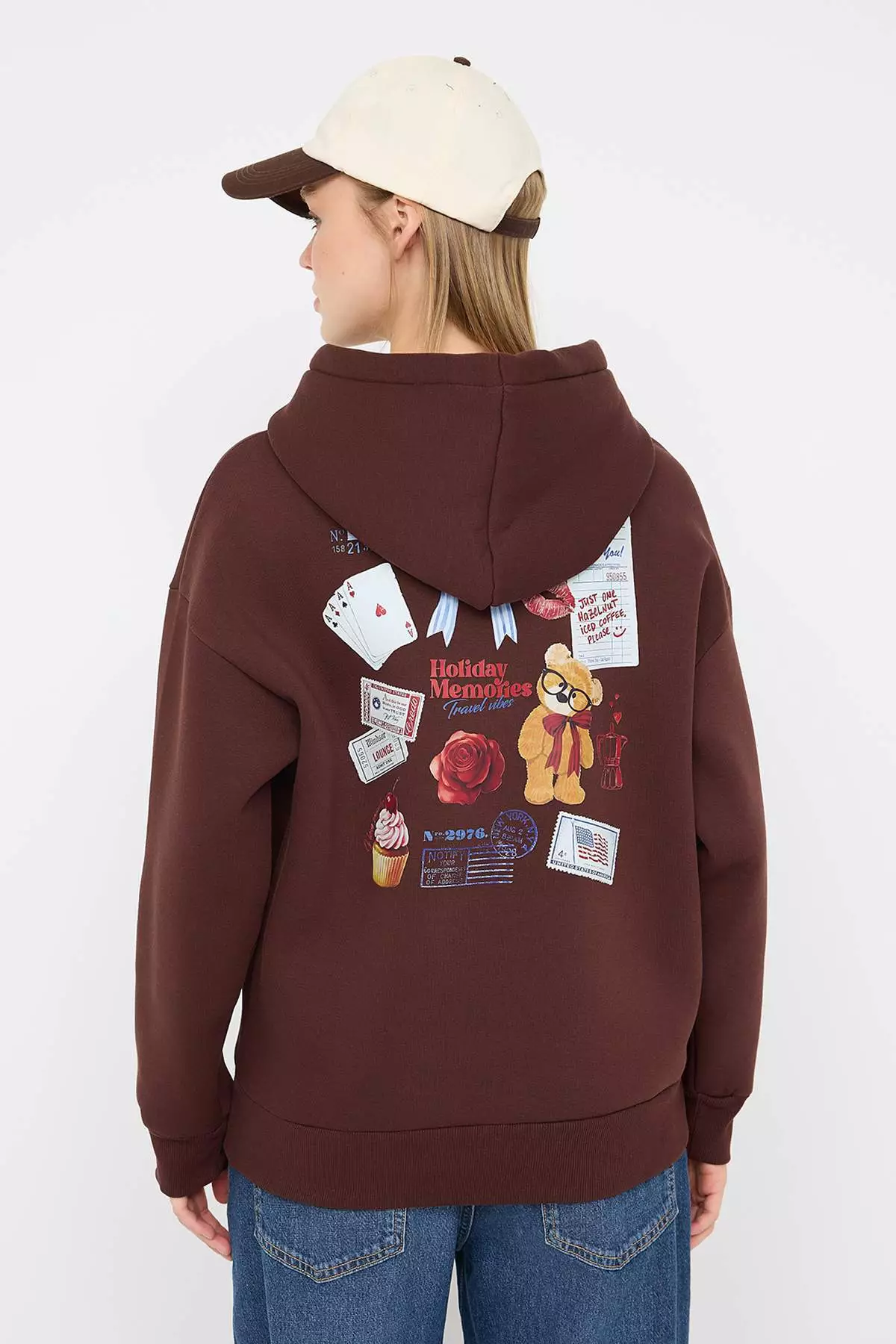 Teen Brown Back Printed Oversize Pattern Hooded Polar Fleece Knitted Sweatshirt