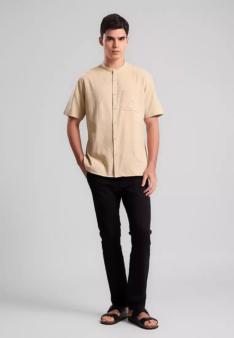 MANZONE X MINIMAL - Kemeja Koko Lengan Pendek Pria Hafiz Comfort Fit - Beige Warna Beige