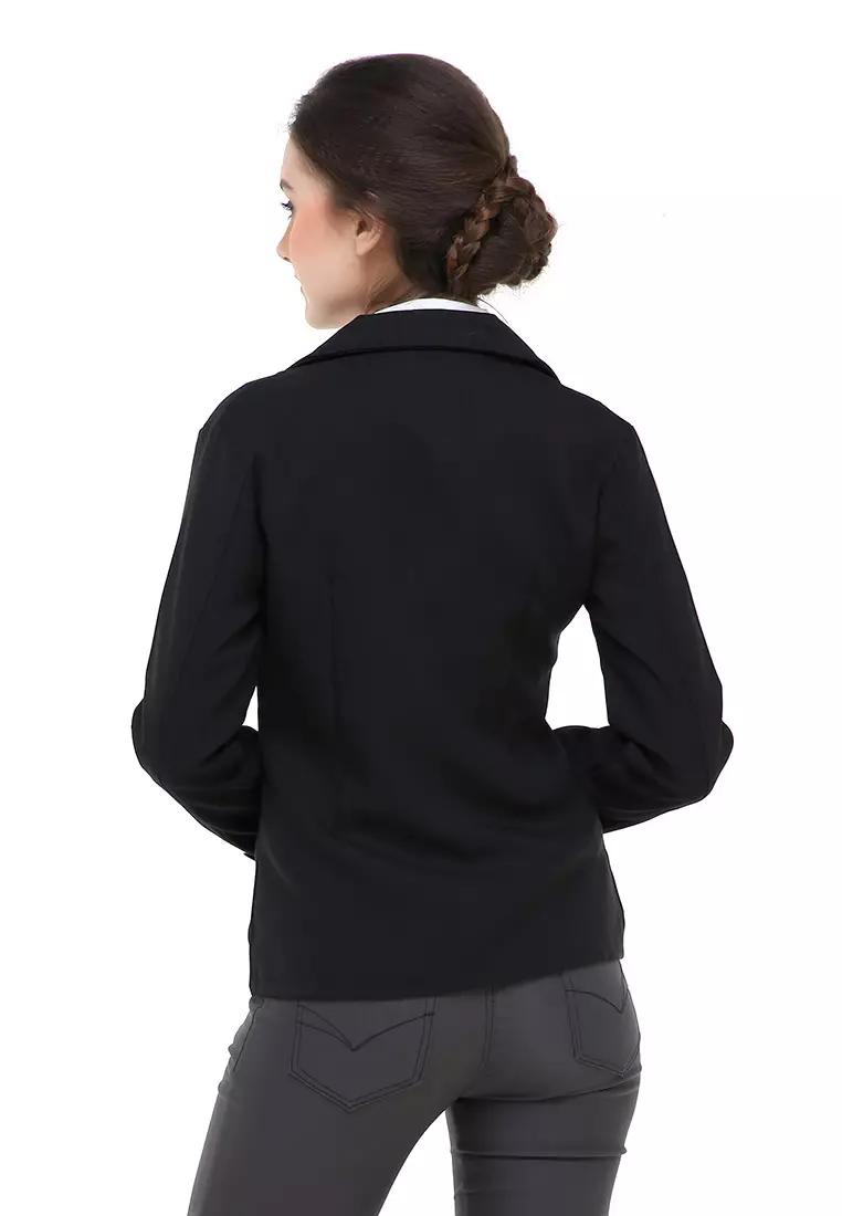 Qemsya Jas Blazer Wanita Two Pockets Two Button Formal Longsleeve Suit Material Polyester ORIGINAL - Black