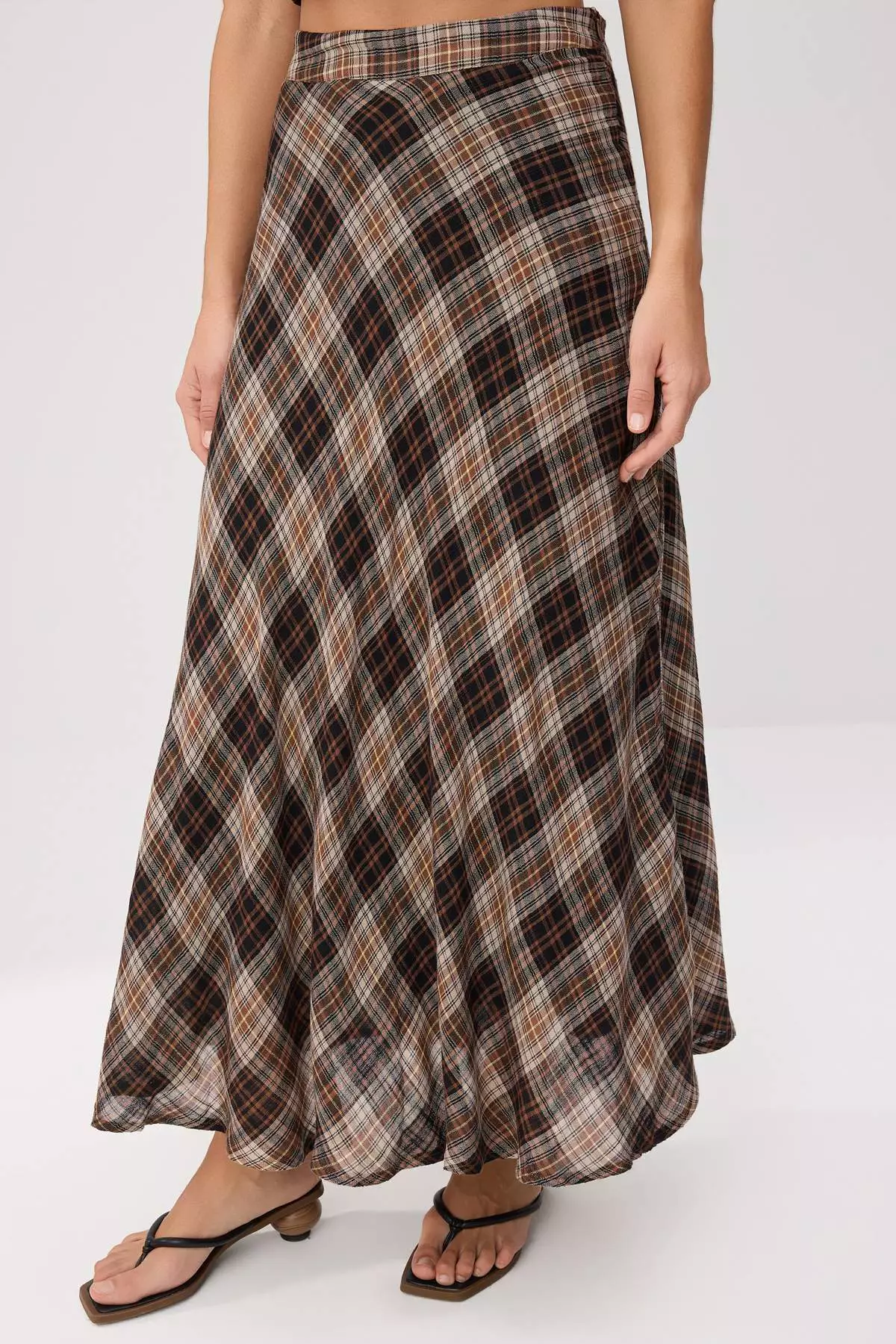 Brown Plaid 1% Cotton Lined Long Maxi Skirt Twoss26Et187