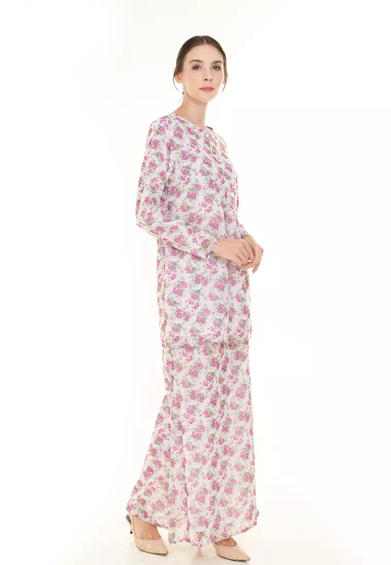 Rina Printed Kurung in White Purple Small Flower