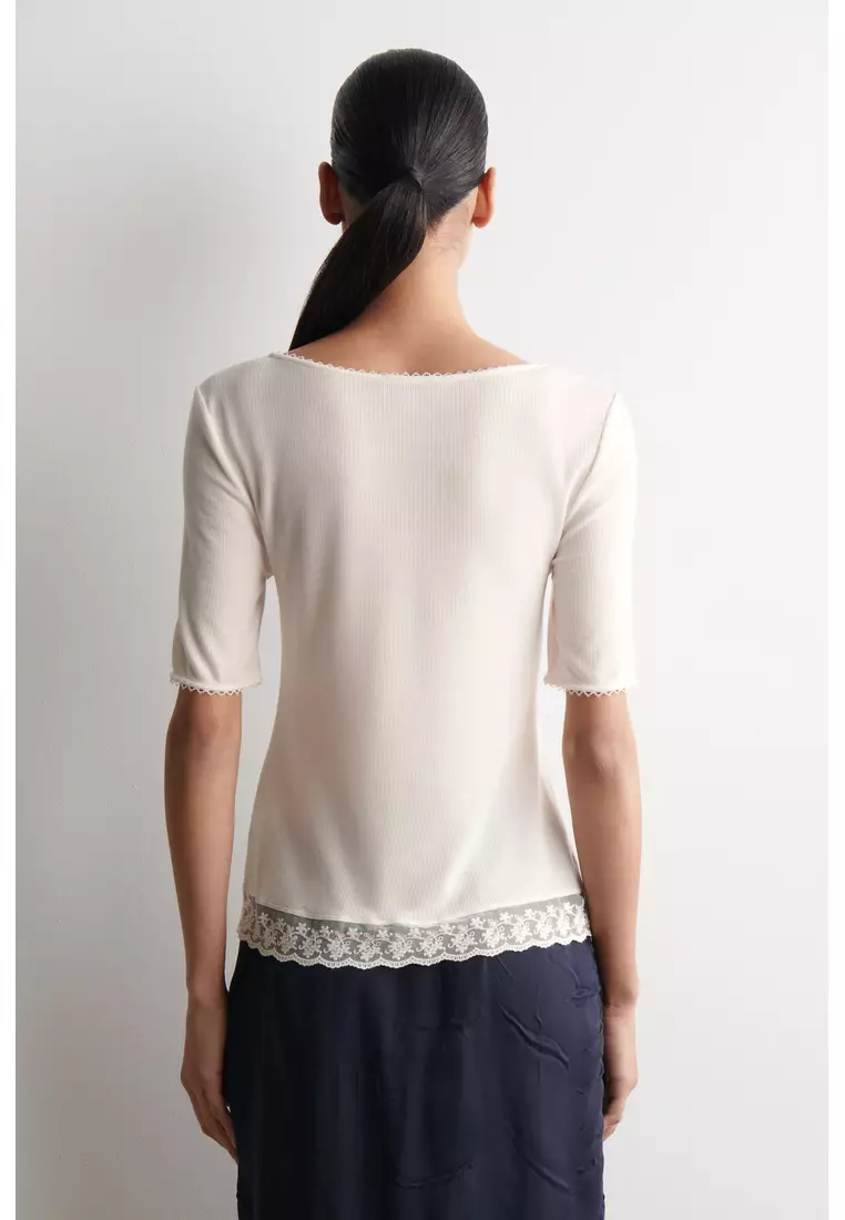 LACE-TRIMMED RIBBED V-NECK T-SHIRT