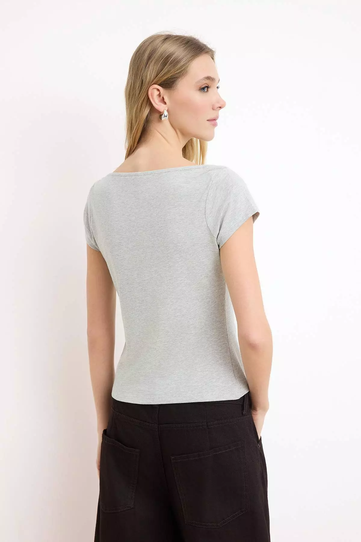 Grey Melange Boat Neck Fitted/Bodycon Cotton Stretch Knit Blouse Twoss25Bz285