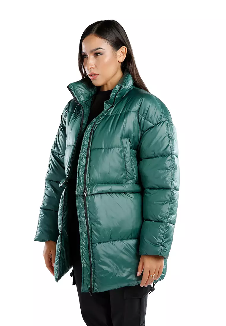 Jaket Puffer Turtleneck Dua Arah Hijau yang Dapat Dilepas