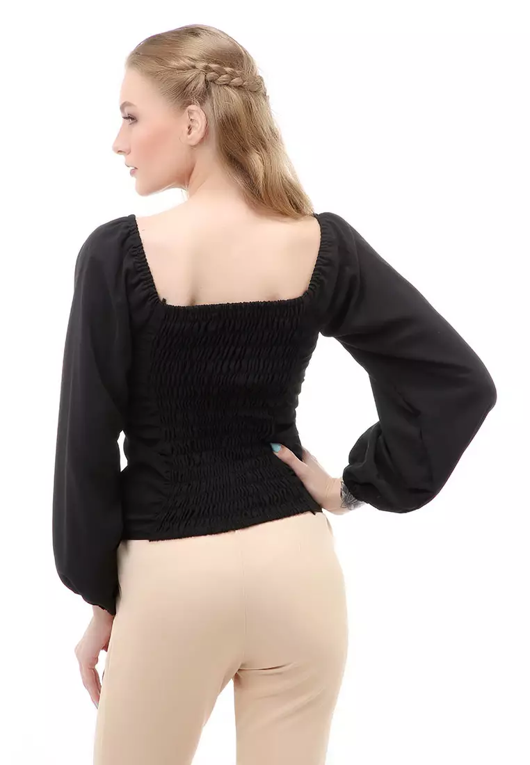 Cheva Blouse Atasan Wanita Sabrina Tali Lengan Panjang Casual Top Long Sleeve Comfortable Material Wolfis ORIGINAL - Black