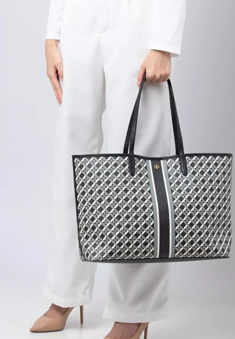 Jual TORY BURCH Tory Burch Geo Logo Stripe Tote Black Original