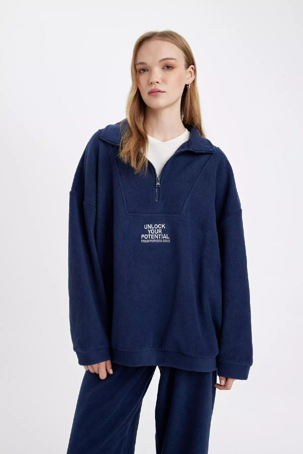 Zippered Embroidered Fleece Sweatshirt