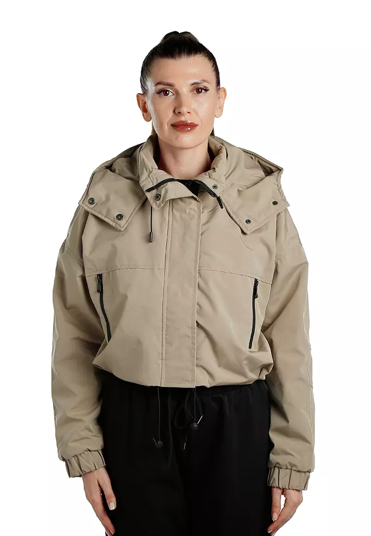 Drawstring Cropped Woven Jacket in Khaki