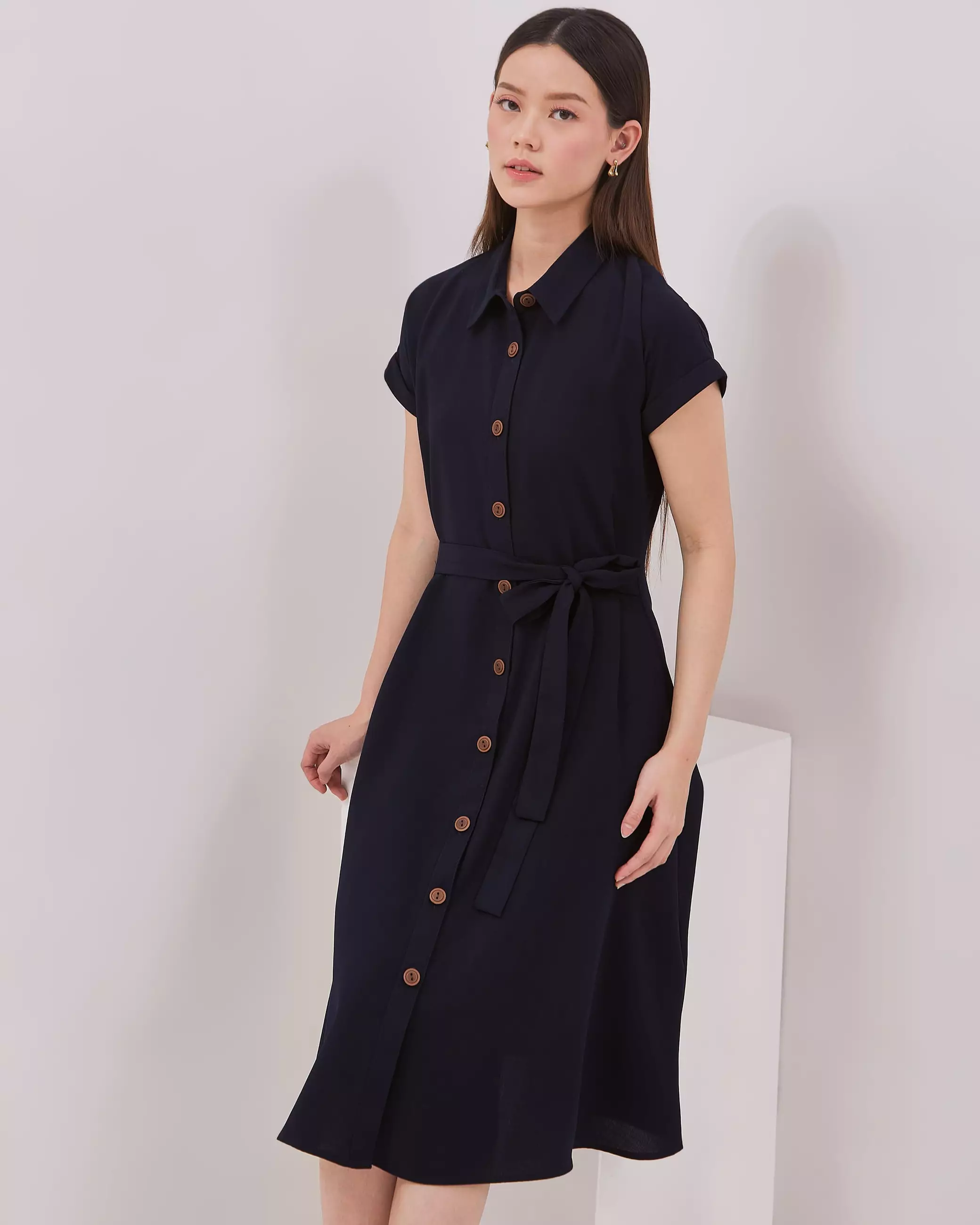 Urban Exchange Juliet Navy Dress - Terusan Midi Dress Kasual Lengan Pendek Warna Navy