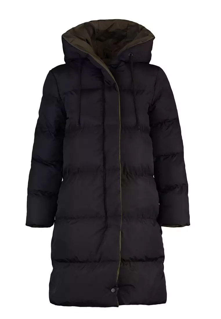 Black-Khaki Double Sided Hooded Water Repellent Long Puffer Jacket TWOAW23MO00052