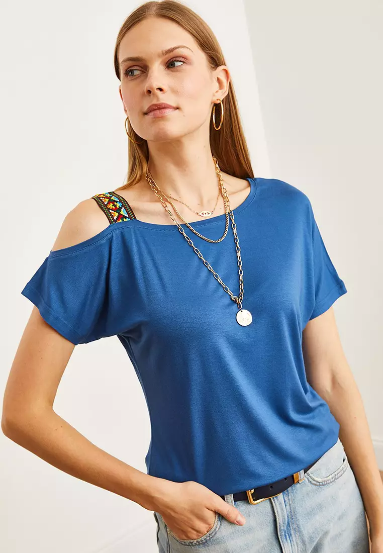 Women's One Shoulder Ethnic Garnished Blouse BLZ-19000194