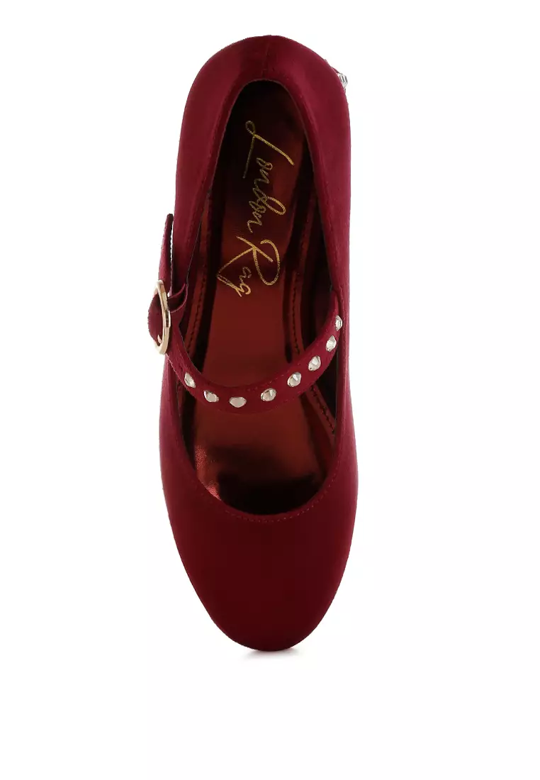 Studded Mary Jane Pumps In Burgundy