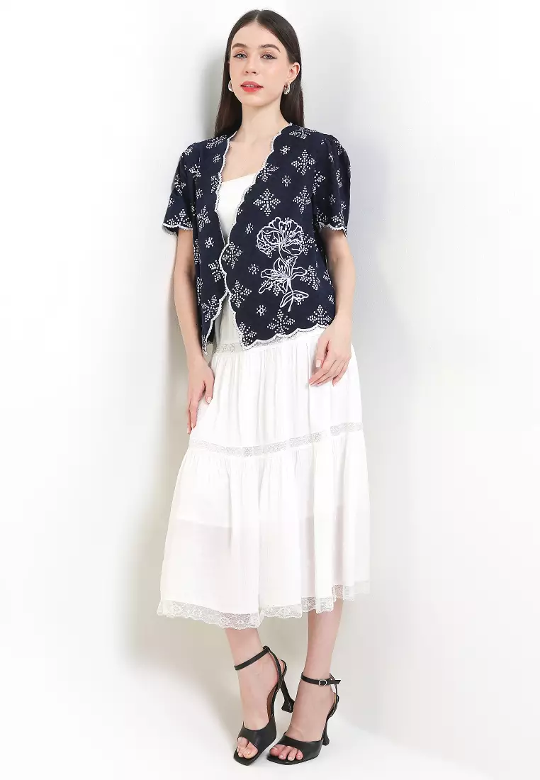 Outer Cardigan Batik Cap Dobby Atasan Wanita Spesial JFW Collection Binar Anandara Katun Bordir Embro Navy