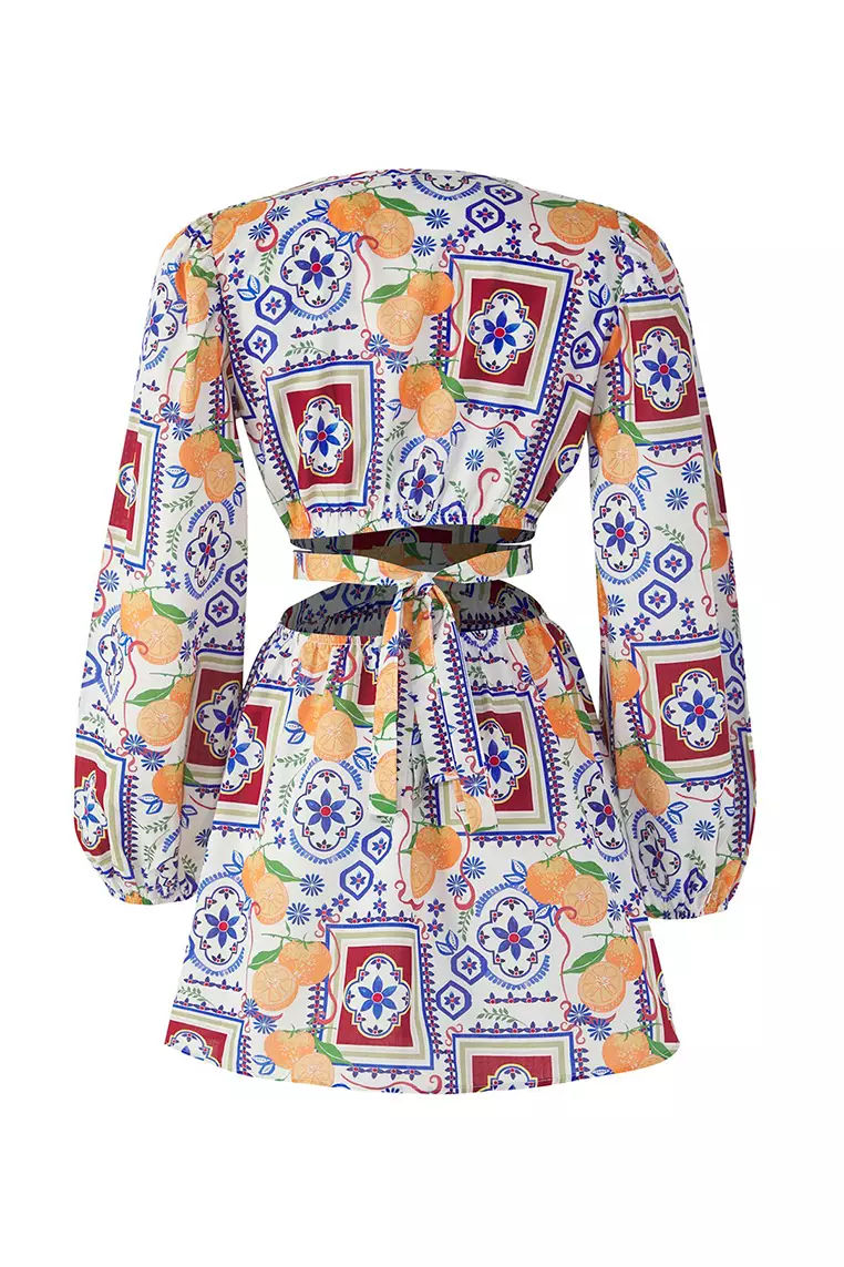 Floral Patterned Mini Woven Cut Out/Window 100% Cotton Beach Dress TBESS23EL00140