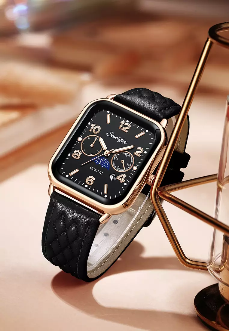 Jam Tangan Wanita Korean Kasual Mode Tali Kulit Kuarsa Jam Tangan Cewek Original allblack