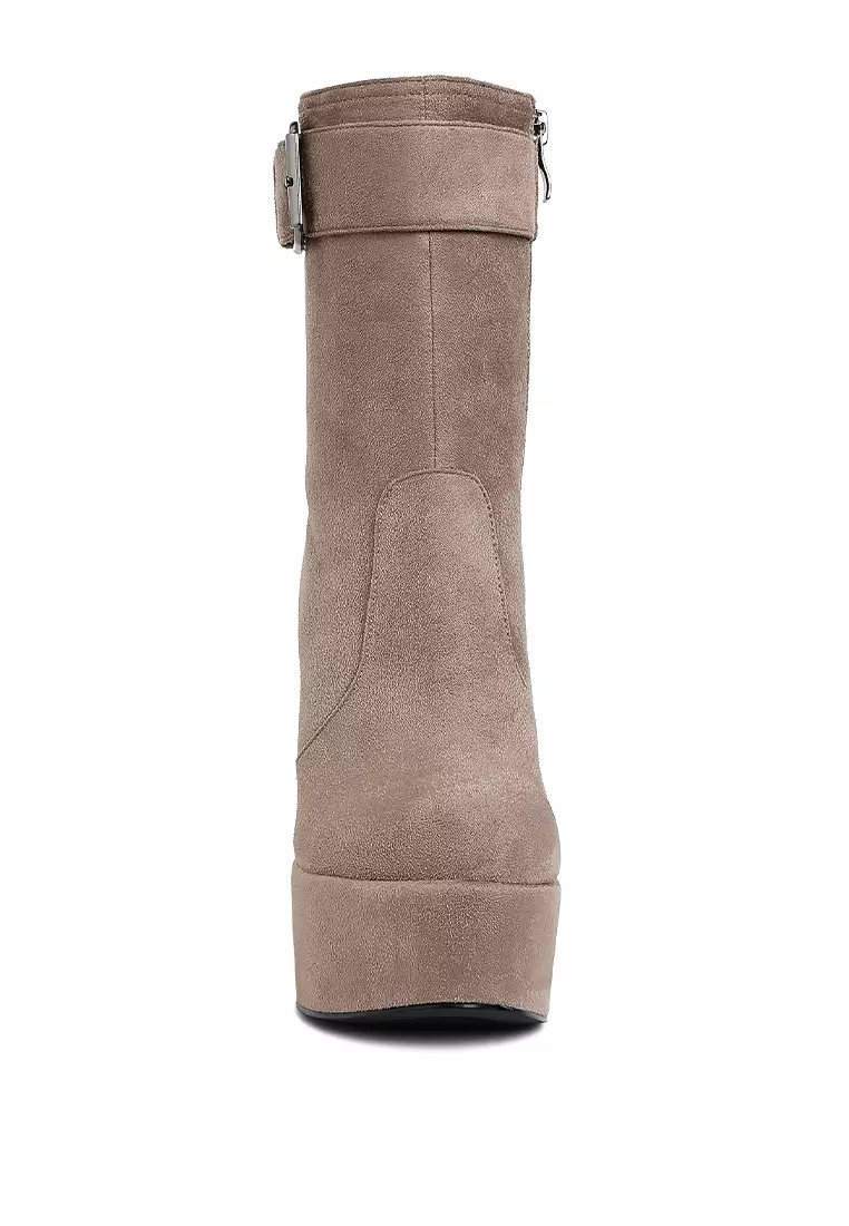 Flared Block Heel Mid-Calf Boots in Taupe