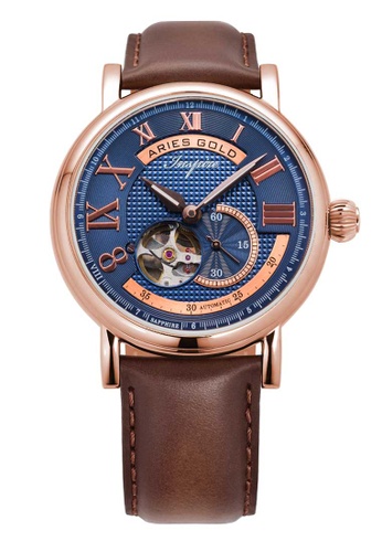 Aries Gold 褐色 Aries Gold Inspire Gauntlet Blue, Rose Gold and Brown Leather Watch 04DE1AC157B90DGS_1
