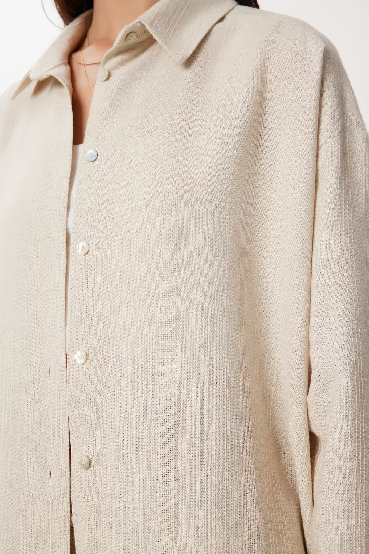 Women's Cream Linen Shirt Pants Suit Fg00056