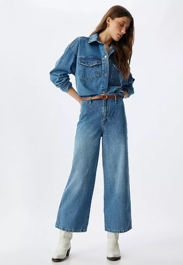 Wide Leg Jeans High Waist Belt Detail Buttoned - Wide Leg Jeans