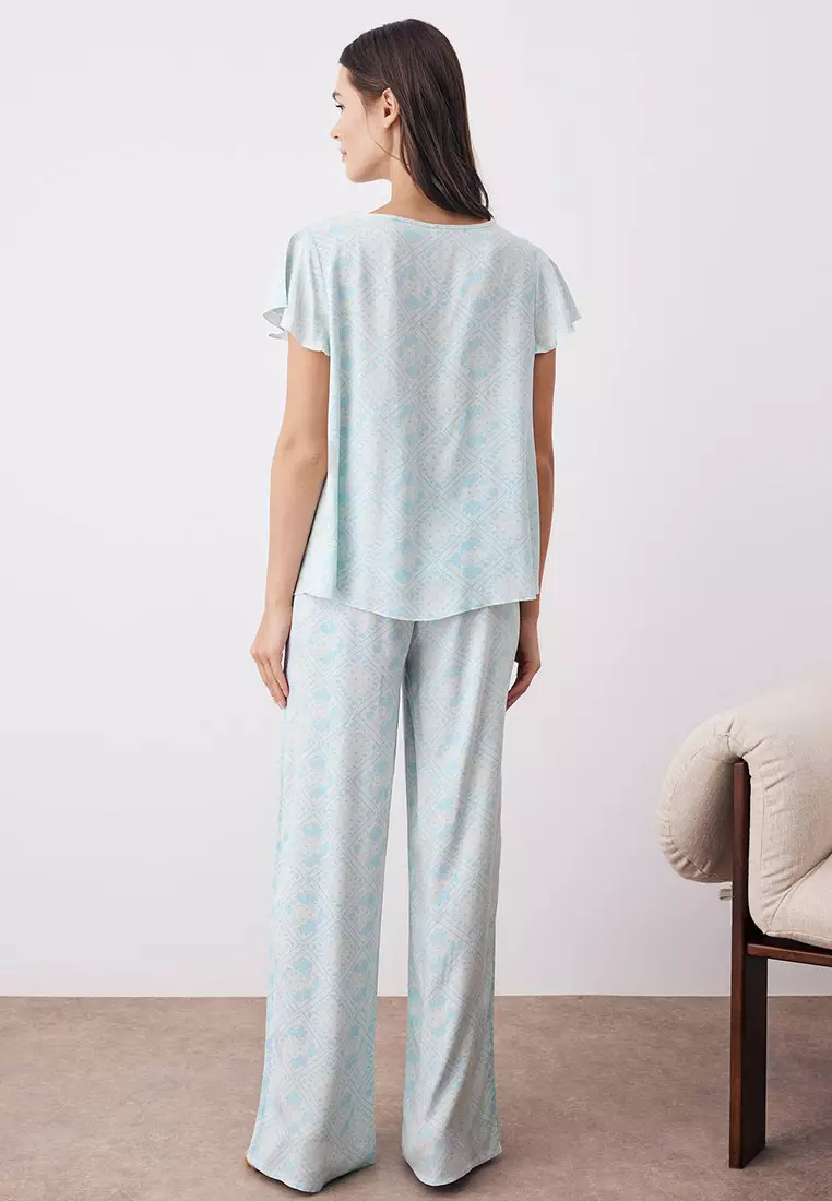 Light Blue Ethnic Patterned Ruffle And Tie Detailed Woven Pajama Set