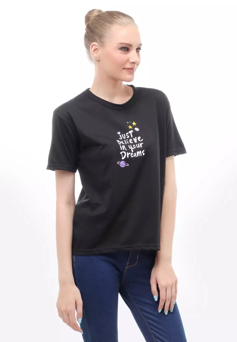 Heller Kaos Atasan Wanita Motif Print Short Sleeves Relaxed Fit - Hitam