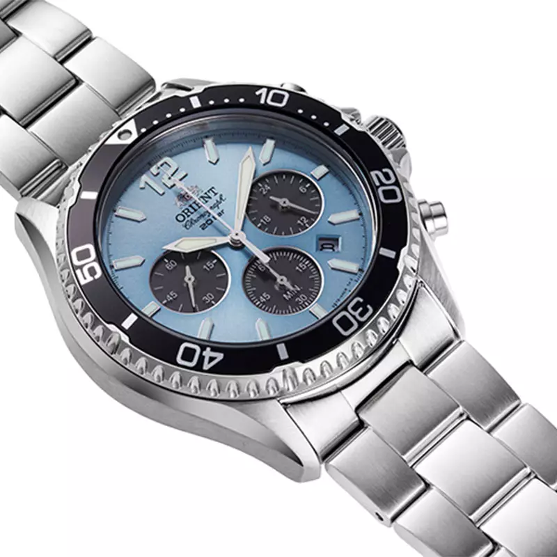 Jam Tangan Pria Orient Sports RA-TX0206L Diver Mako Solar Chronograph Sky Blue Dial Metal Strap