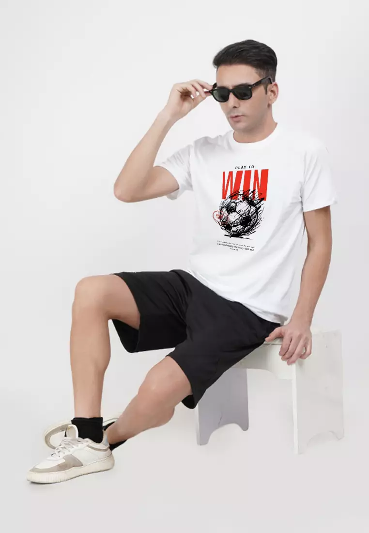 Play To Win 足球图案白色纯棉标准版型T恤/短袖T恤，圆领