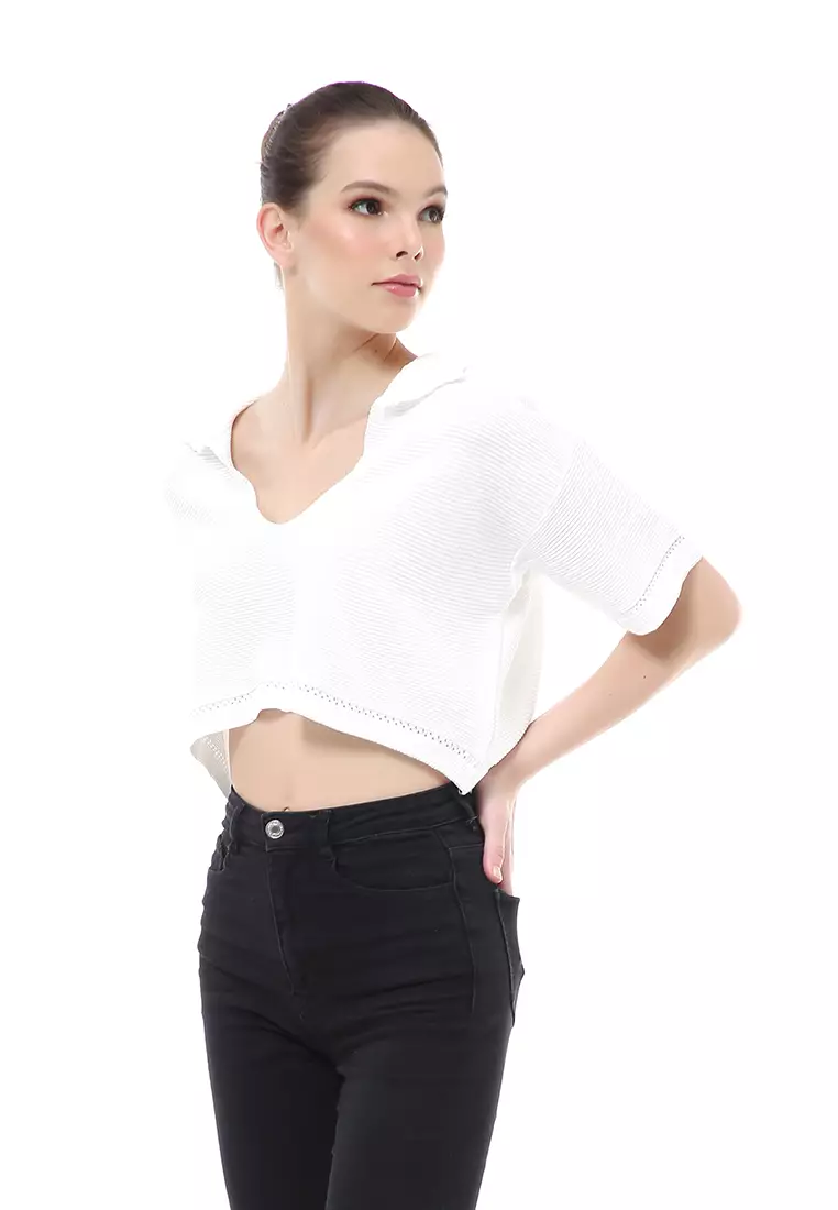 Albertine Atasan Crop Wanita Lengan Pendek Blouse Vneck Motif Polos Material Rajut ORIGINAL - White