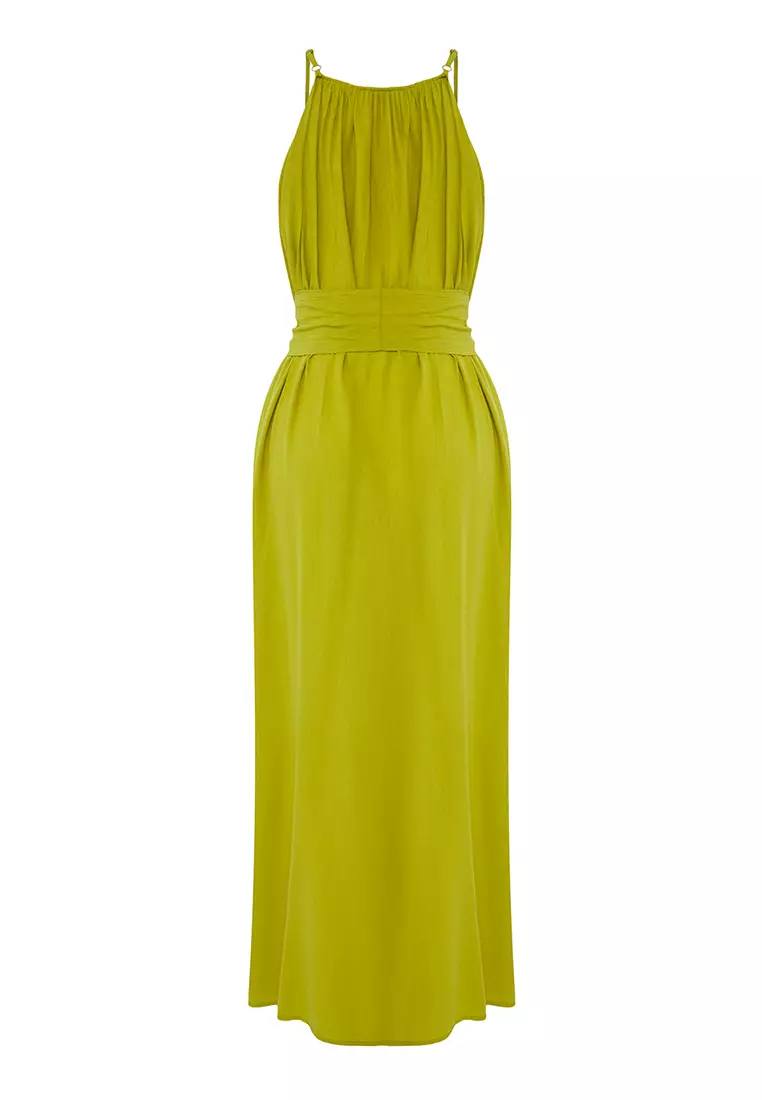 Dark Oil Green Maxi Woven Belted Beach Dress TBESS25EL00086