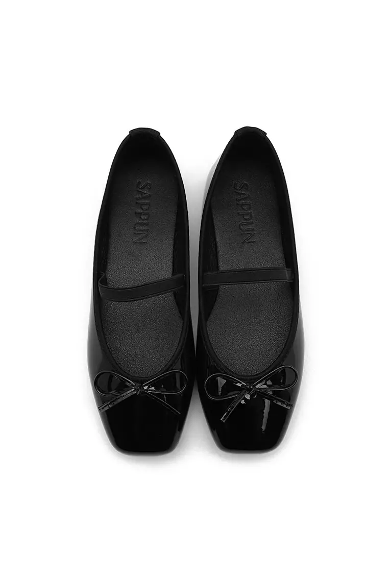 Erino Enamel Ribbon Maryjane Flats (1cm) - Black