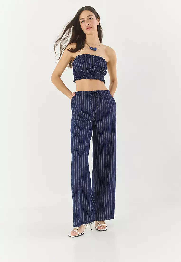 Women's Striped Gipe Detailed Crop Top Waist Drawstring Wide Leg Pants Bottom-Top Suit 60283262