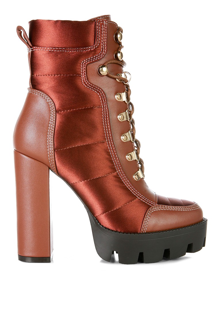Tan High Heel Quilted Satin Biker Boots