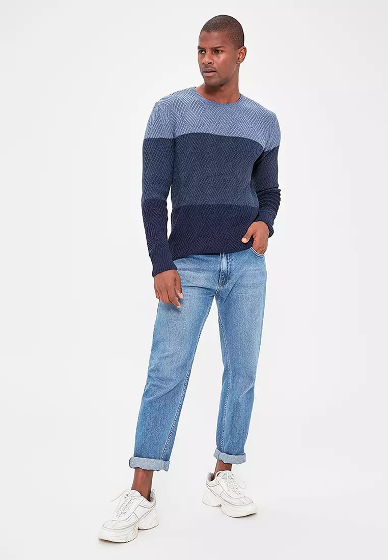 Indigo Regular Crew Neck Color Block Sweater Tmnaw20Ls0026