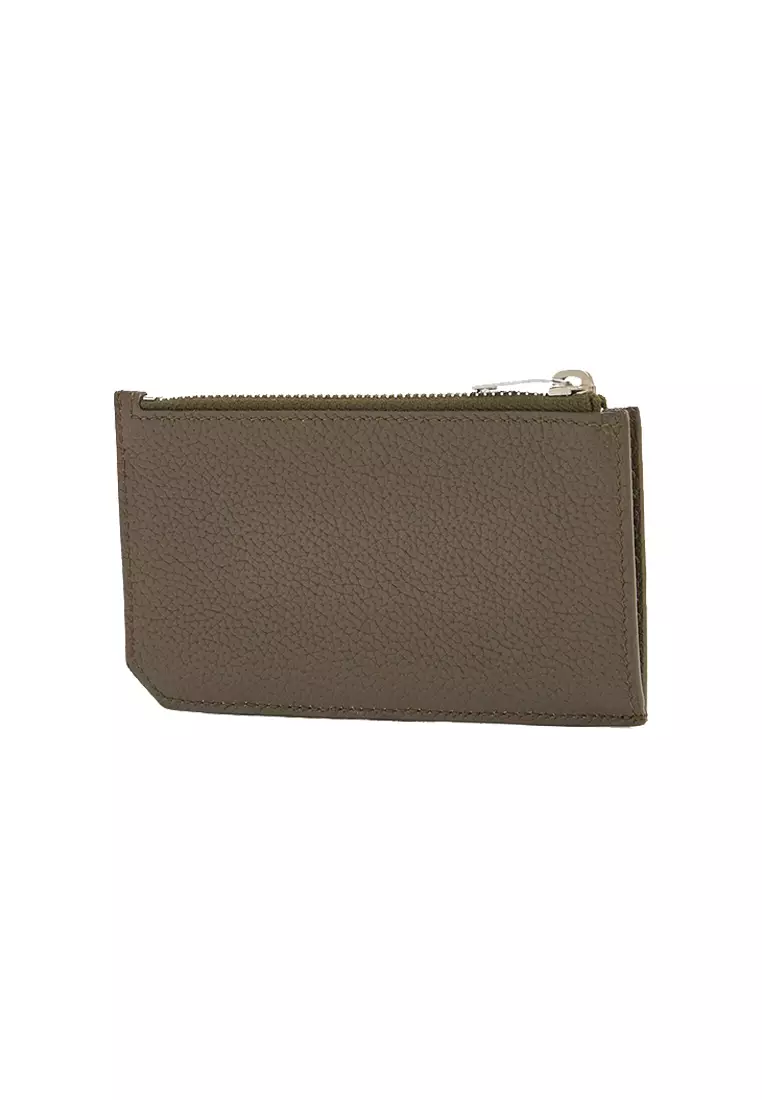 SAINT LAURENT YSL Tiny Cassandre Fragments Zipped Card Case In Grained Leather Dark Khaki 629899
