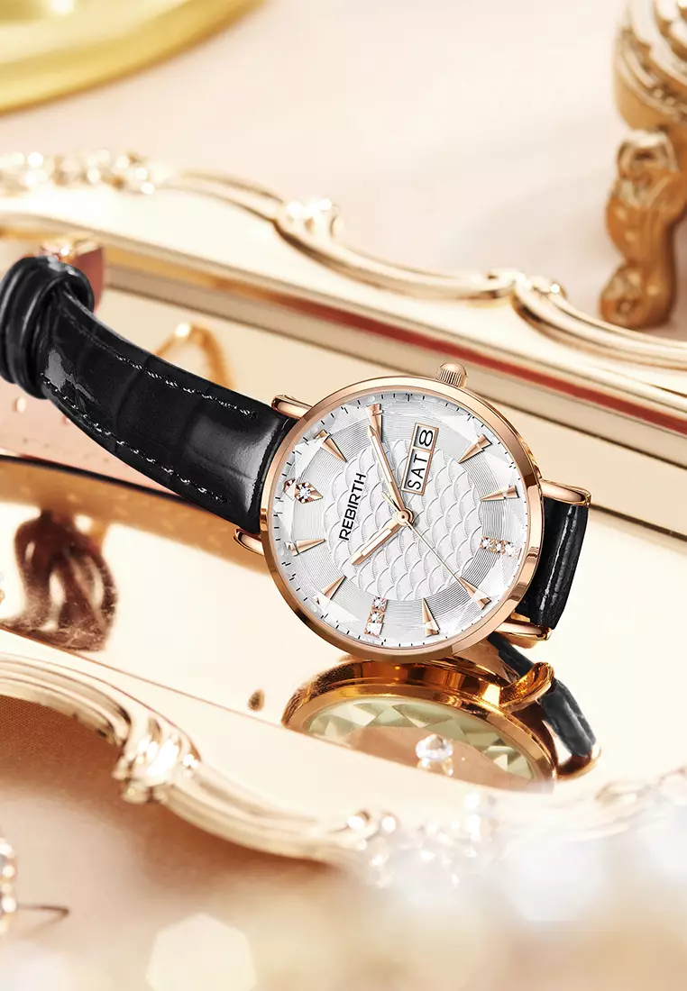 Jam Tangan Wanita Tahan Air Tali Kulit Jam Wanita Kuarsa Santai Mode Jam Tangan Cewek blackwhite