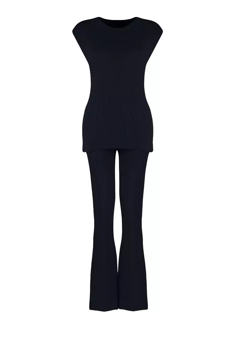 Navy Blue Cotton Thin Blouse Trousers Knitwear Bottom-Top Set TWOSS24AU00115